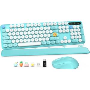 Wireless Keyboard and Mouse Combo, Full-Size Retro Typewriter Keyboard with Detachable Wrist Rest, Round Keycaps, Sleep Mode & Tilt Legs, 2.4GHz Cordless Connection for Windows/PC (Robin Egg Blue)