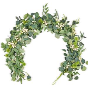 GENMOUS Artificial Eucalyptus Garland, 5.3 Ft Long Greenery Spring Garland with Silver Dollar, Seeds, Lvory Berries for Wedding Arch Farmhouse Mantle Table Runner Centerpiece Home Party Decor