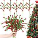 Norme 12 Pcs Red and Green Sparkle Christmas Tree Picks and Spray Christmas Tree Topper Decoration 13.8 Inch Artificial Glitter Curly Pick Stem Branches with Ball for Xmas Vase Filler Wreath Craft