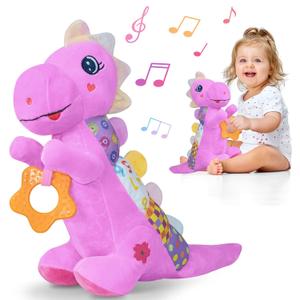 Baby Dino Plush Soft Stuffed Animal Toy for 0-3-6-12+ Months,Infant Musical Toy with Rattle,Squeaker,Sensory Crinkle,Teether & Textures,Toys for Christmas Baby Gift for Newborn Girl Boy 