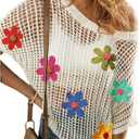 Women's Floral Crochet Tops Hollow Out Dolman Sleeve Applique Sweater Boho Summer Spring Top (Large, White)
