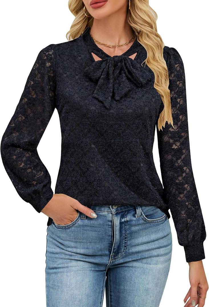 Blooming Jelly Womens Lace Long Sleeve Tops Tie Front Lined Dressy Blouse Fall Fashion Trendy Elegant Business Casual Outfit (Black, L)