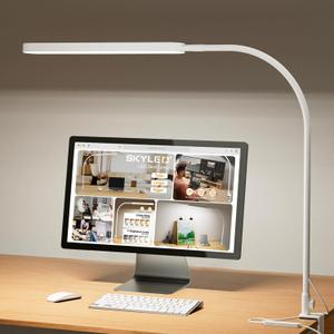 SKYLEO Led Desk Lamp - 33.5" Desk Light - Flexible Gooseneck - 5 Color Modes X 11 Brightness Levels - 1300LM - Timer & Memory Function - 12W Clip on Light - White