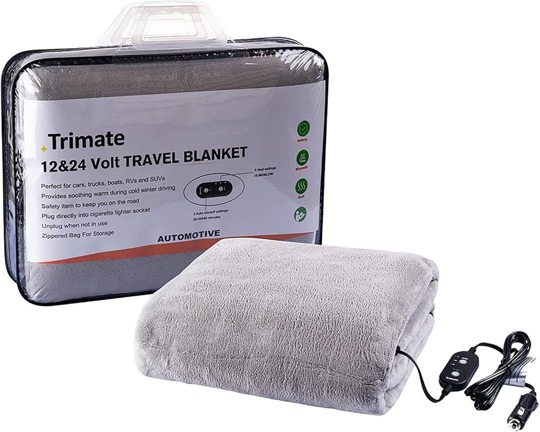 Electric Car Heating Blanket Plush 3 Heat Settings, Auto Shutoff, Washable, 55 X 40, Plugs into Cars 12v and Trucks 24v Outlet, Great for Cold Weather, Tailgating, Emergency Kits, Gray