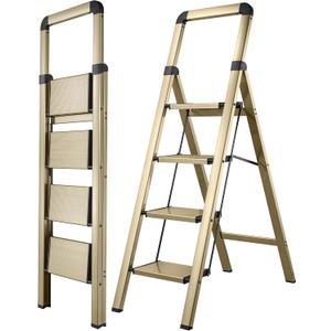 Step Ladder 4-Step Champagne Gold Finish Aluminum Folding Step Ladders,Anti-Slip Max 330 lbs