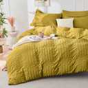 HYMOKEGE Mustard Yellow Full Size Comforter Sets Seersucker 7 Pieces, All Season Luxury Bed in a Bag for Bedroom, Bedding Set with Comforter, Sheets, Pillowcases & Shams