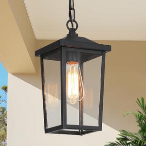 Outdoor Pendant Light Fixture, Farmhouse Exterior Hanging Lights with Adjustable Chain, Black Anti-Rust Ceiling Outdoor Light with Clear Glass, Hanging Lantern for Front Door, Entry, Porch, and Gazebo