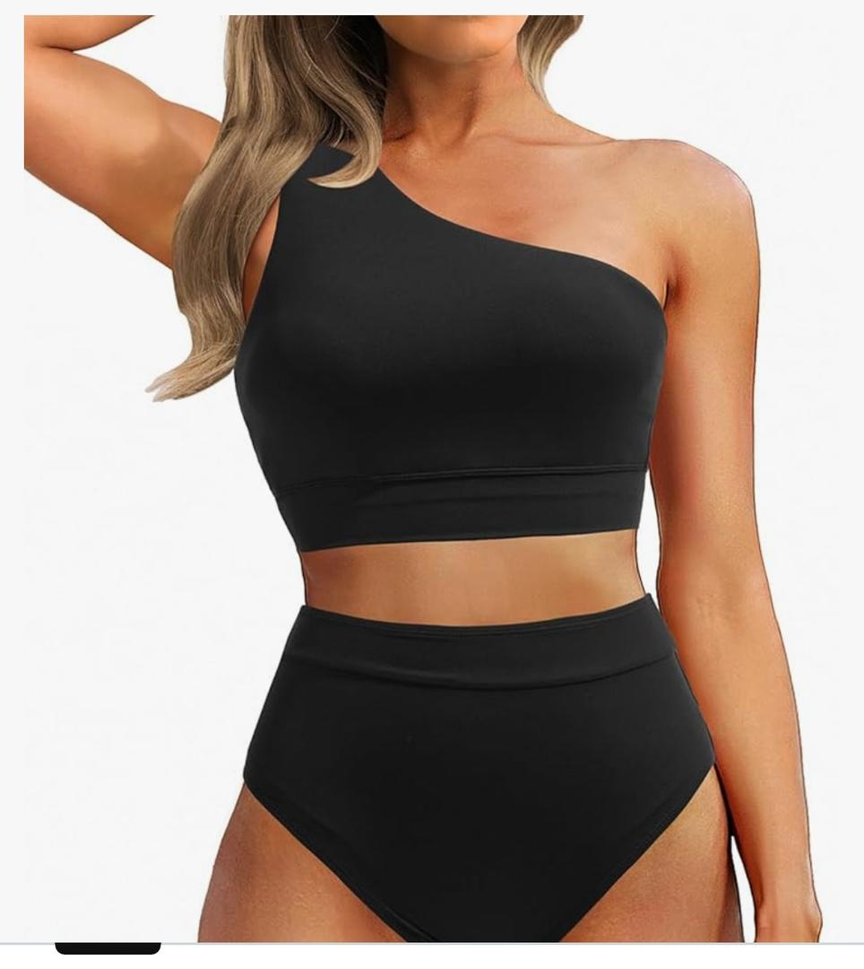Women One Shoulder High Waisted Bikini Sets Two Piece Swimsuit Tummy Control Bathing Suit Full Coverage Swimwear,Black,M