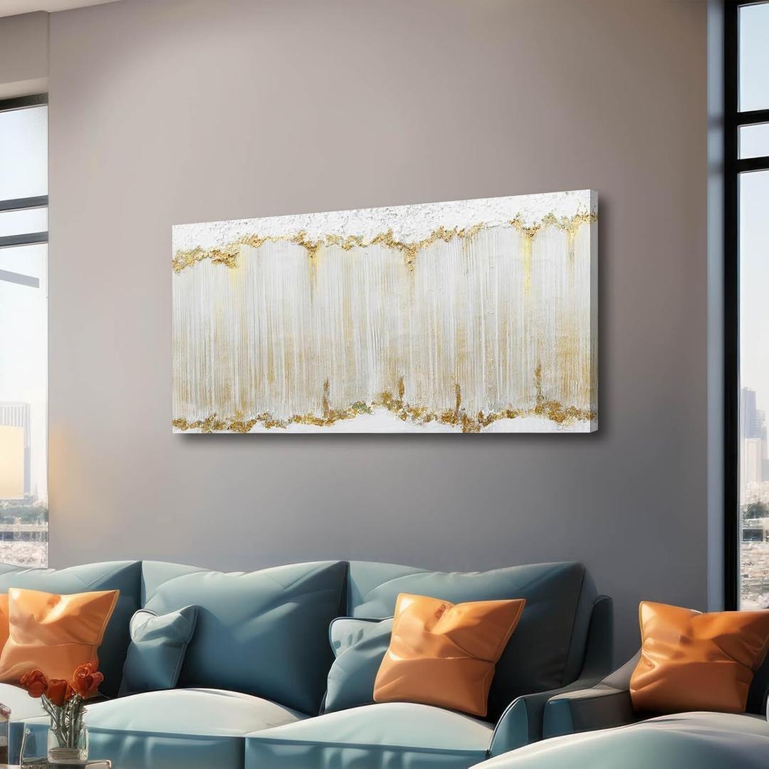WINKAILIN White and Gold Canvas Wall Art Modern Abstract Wall Decor for Living Room Gold Line Office Decor 24"x 48" Textured Wall Prints Ready to Hang