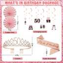 50th Birthday Decorations for Women - Rose Gold 37Pcs All-in-One Party Kit with Banner, Backdrop, Tiara, Sash, Cake Topper, Latex Balloons, Hanging Swirls, Centerpieces