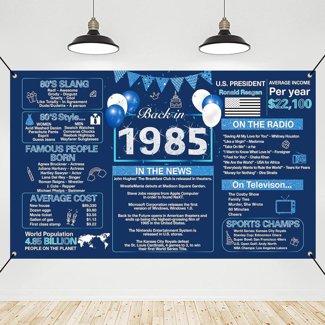 Crenics 40th Birthday Decorations for 1985, Blue and Silver Back in 1985 Birthday Banner Backdrop 5.9 x 3.6 Ft, 40 Years Old Birthday Party Supplies for Men or Women