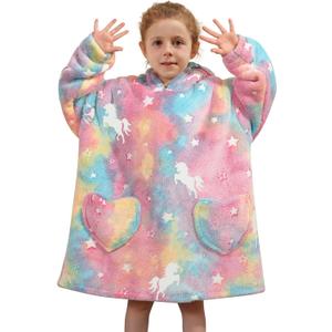 Wearable Blanket Hoodie for Kids Oversized Sherpa Blanket Hoodie for Kids Boys Girls Toddler 2-6YR, Rainbow Unicorns