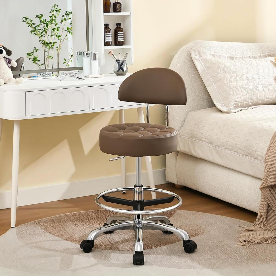 FIRAVOE Salon Chair for Hair Stylist (Adjustable Height 20-27 inch) (Stool with Quiet Wheels and Foot Rest) Ergonomic Guitar Stool for Long Sessions (Coffee Brown), With Back & Footrest