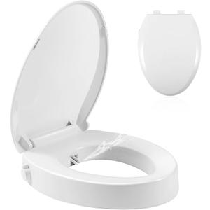 Bidet Toilet Seat Elongated, Raised Toilet Seat with Bidet Adjustable Water Pressure with Dual Nozzles, Non-Electric Bidet Toilet Seat Risers for Seniors (Ambient Water), White