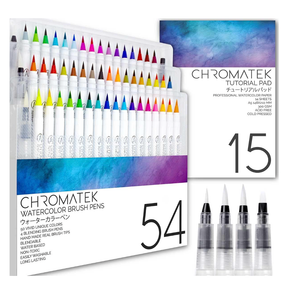CHROMATEK 54 Watercolor Pens Set | Including 15 Page Pad & Online Video Tutorial Series | 4 Aquapens & 50 Unique Colors | Brush Pens | Easily Blendable, Vivid, Smooth | Professional Art Supplies