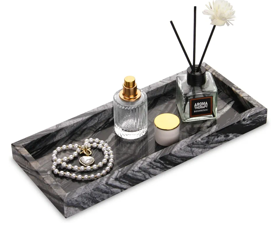 Marble Bathroom Vanity Tray, Natural Luxury Vanity Home Kitchen Bathroom Table Tray, Stone Decorative Countertop Dresser Trays for Key Coffee Perfume Jewelry Makeup (Wood Grain, 12"x 5" x1.2")