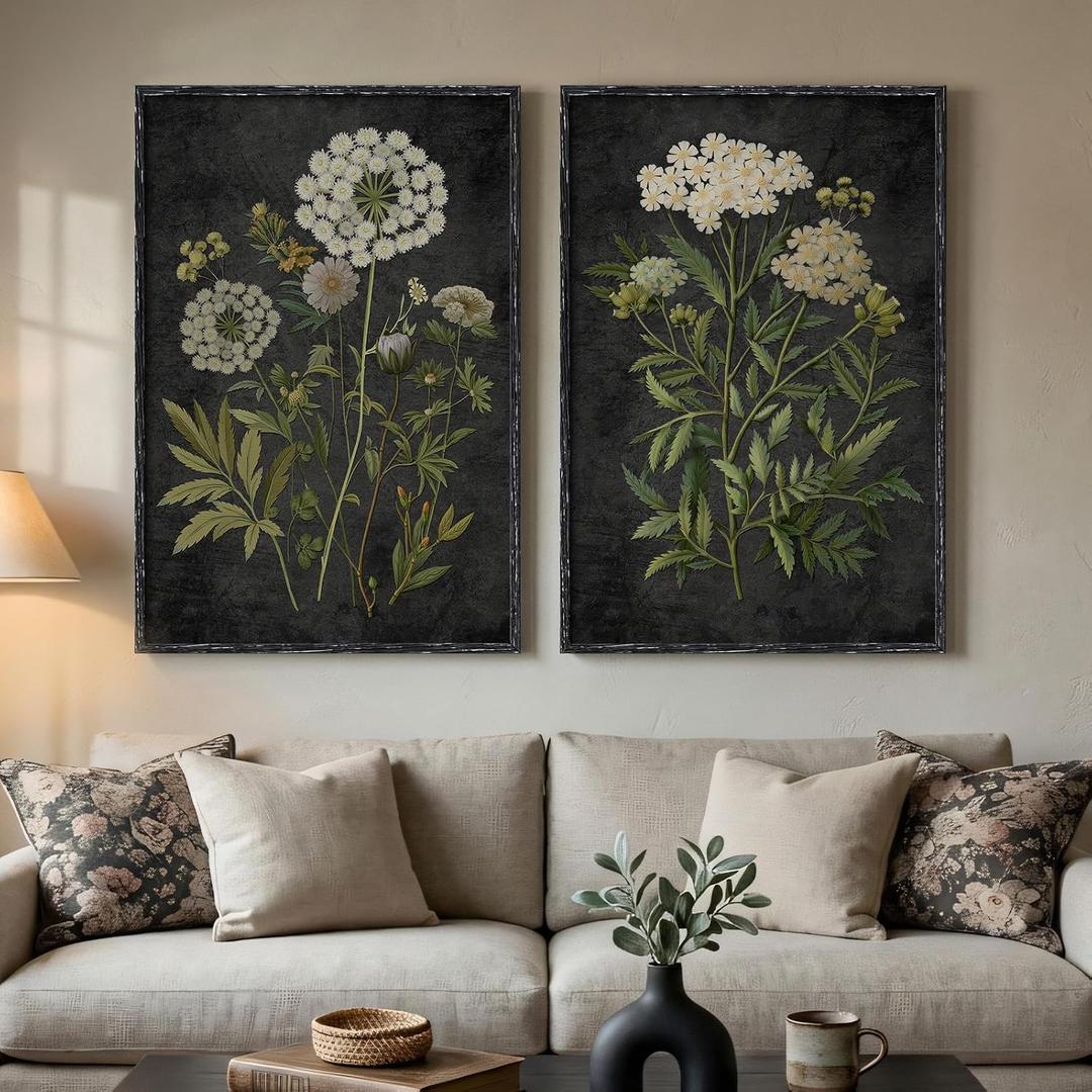 Framed Vintage Botanical Wall Art, 2 Piece Moody Dark Floral Canvas Painting Prints, Retro Rustic Farmhouse Cottage Core Black Background Flower Artwork for Living Room Bedroom Kitchen Hallway, 24x36