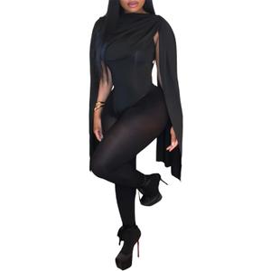 Women's Sexy 2 Piece Outfits Ruched Crowl Neck Cape Sleeve Thong Bodysuit Top Sheer Stockings Club Jumpsuits (Black, Large)