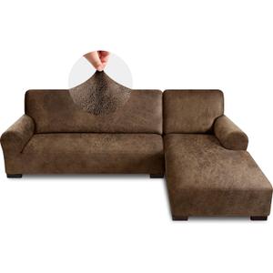 Sectional Couch Covers, Leather Look Sofa Cover L Shape 2PCS Soft Stretch Slipcover for Sectional Sofa, Non Slip Furniture Protector (3 Seat Sofa + 3 Seat Left Chaise, Brown)