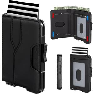 Wallet for Men - Pop Up Case, Cash Slot, and Credit Card Wallet - Slim Minimalist Aluminum Front Pocket Wallet with RFID Blocking/ID Window (Black)