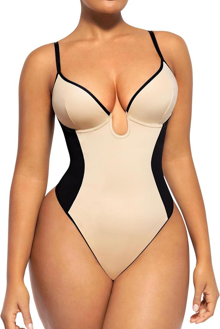SHAPELLX Shapewear Bodysuit for Women Thong Backless Body Shaper Tummy Control U Plunge Strapless Top Corset Bodysuit (Small, A2-beige)