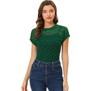 Allegra K Women's Lace Floral Blouse Short Sleeve Dressy Casual Shirt Crew Neck Sheer Top Medium Dark Green