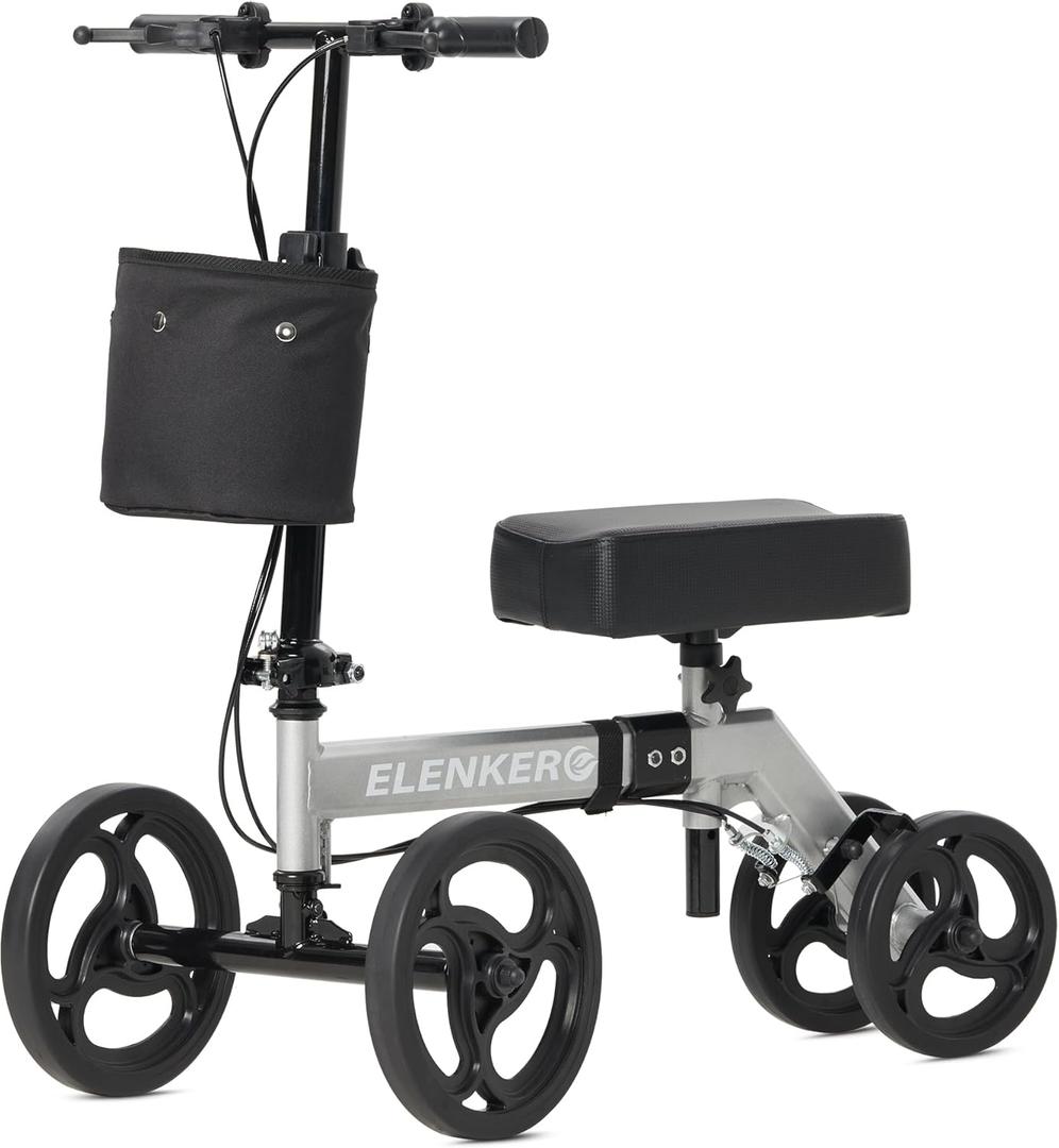 ELENKER Steerable Knee Walker Deluxe Medical Scooter for Foot Injuries Compact Crutches Alternative Light Sliver