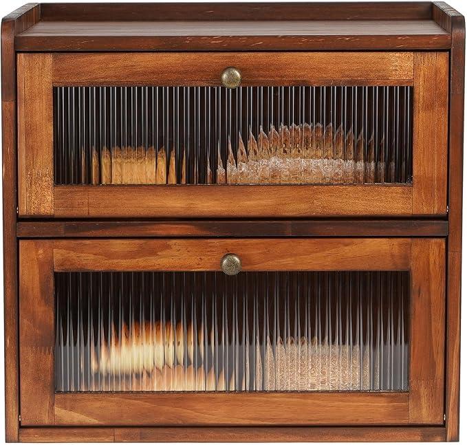 Sunhoo Bread Box for Countertop Bread Storage Bin Container Double Layer Extra Large Kitchen Counter Wood Breadbox Saver Keeper Vintage with Acrylic Window Easy to Assemble Boîte à Pain (Brown)