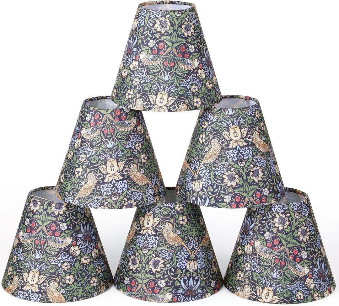 VIHOSE Set of 6 Clip-on Mini Chandelier Lamp Shades, William Morris Style Vintage Botanical Chandelier Shade for Candelabra Bulb, 2.95" x 5.91" x 5.12", Classic Decorative Lampshade