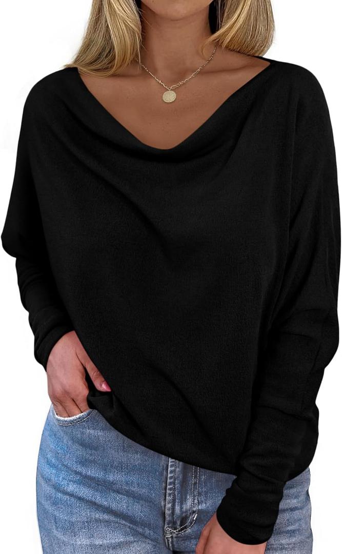 Okiwam Women's Fall Tops Cowl Neck Long Batwing Sleeve Shirts Oversized Tunic Dressy Casual Blouses 2026 Fashion Clothes (Black, XS)