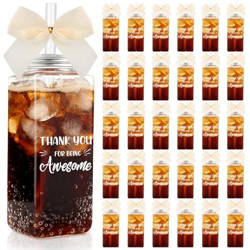 Skylety 36 Pcs Thank You Gifts for Coworker Teacher Appreciation Gift Employee Appreciation Gifts Cups Bulk Mother's Day 13.5 oz Clear Skinny Tumblers with Straws Lids Bow(Thank You,Beige)