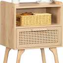 Lerliuo Rattan Nightstand, Boho Side Table with Drawer Open Shelf, Cane Accent Bedside End Table with Solid Wood Legs for Bedroom, Dorm and Small Spaces (Natural) (1 pack)