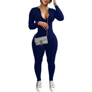 YeGine Women Long Sleeve Bodycon Jumpsuit Sexy Rompers One Piece Zip Up jumpsuits (Medium, 9-navy Blue)