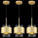 3 Pack 1 Light Hanging Indoor Kitchen Island Cord Pendant Ceiling Light Fixture,5.5" Drum Clear Glass Chandelier Shade Brushed Bronze Finish Modern Farmhouse Dinning Over Sink