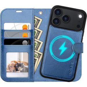 OCASE for iPhone 17 Pro Detachable Wallet Case with Card Holder, 2 in 1 PU Leather Flip Folio with RFID Blocking Stand Wrist Strap Shockproof Phone Cover 6.3 Inch 2025, Light Blue