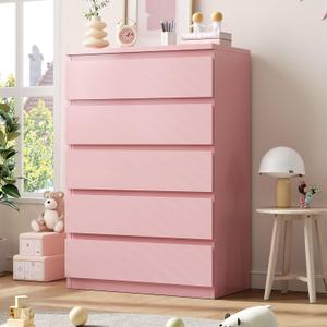 Jocoevol Pink 5 Drawer Dresser for Bedroom, 15" D x 23.7" W x 40.4" H in Simply Chest of Drawers, Wood Storage Dresser with Drawers for Living Room Hallway Entryway, Pink