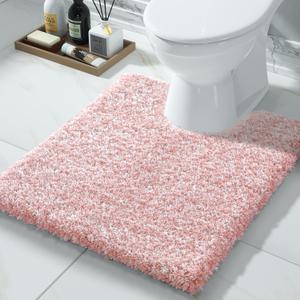 Yimobra Toilet Rugs U Shaped Washable 24x20, Ultra Soft and Water Absorbent Bath Mats, Non Slip Fluffy Shaggy Luxury Microfiber Contour Bath Rugs for Toilet, Dry Quick, Light Pink and White