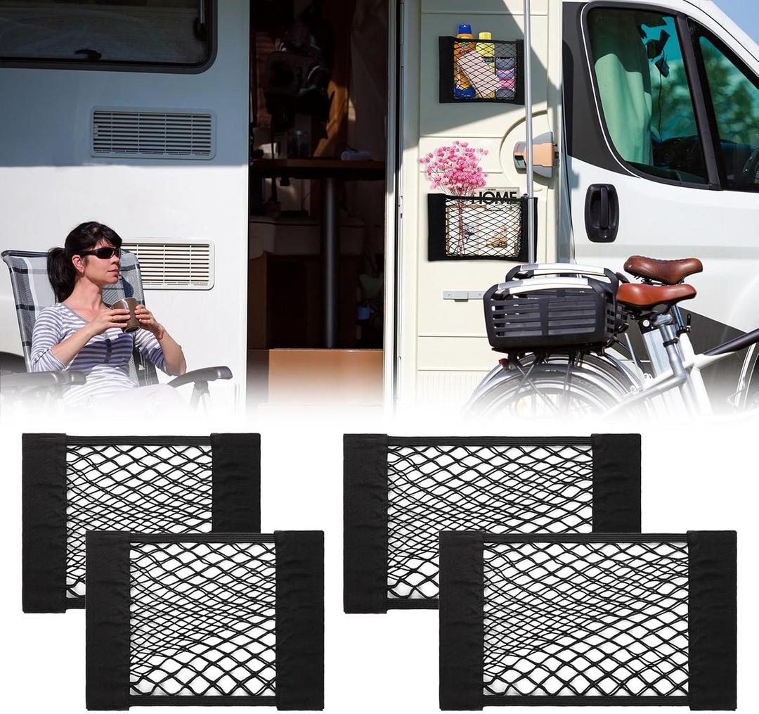 PIFOOG 4Pcs Car Net Pocket Elastic Small Mesh Cargo Storage Nets Bag Organizer Wall Sticker Pouch Netting Universal for Vehicle SUV Trunk Seat RV Camper (11.8" x 9.8" and 15.7" x 9.8")