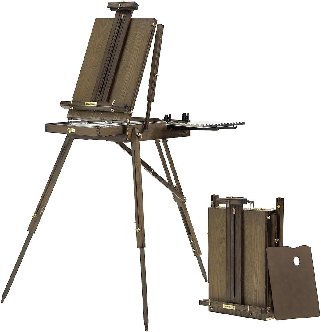 ATWORTH French Easel for Painting: Deluxe Beech Wood Plein Air Easel Stand with Metal Side Tray - Portable Sketchbox for Outdoor Field & Studio - Holds Canvas up to 34"- Gray Walnut, 24.6 inches