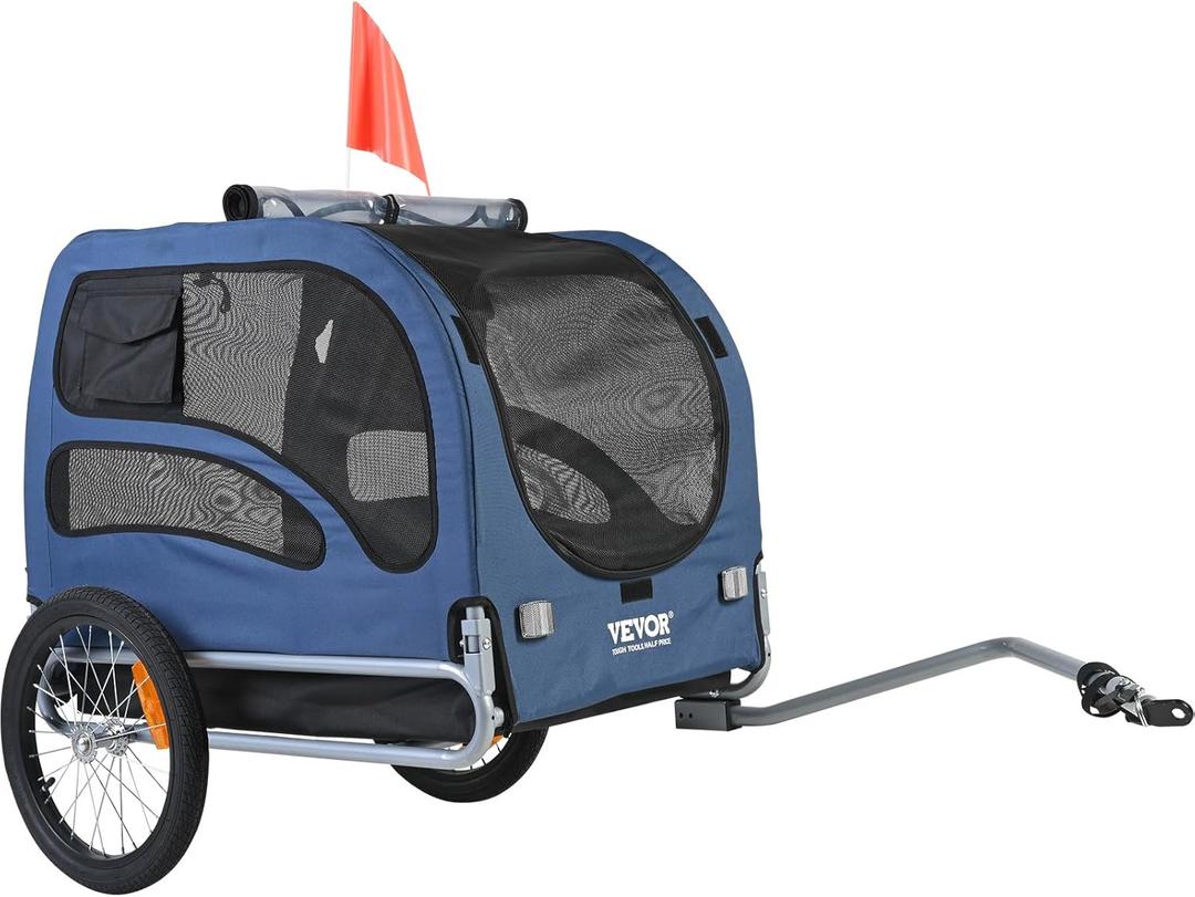 VEVOR Dog Bike Trailer, Supports up to 100 lbs, Pet Cart Bicycle Carrier, Easy Folding Frame with Quick Release Wheels, Universal Bicycle Coupler, Reflectors, Flag, Collapsible to Store (Blue/Black)