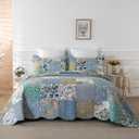 YAYIDAY Oversized King Bedspreads Patchwork Quilt Set (120x118 Inch) - 100% Cotton Reversible Breathable Floral Quilted Coverlet with Pillow Shams Fit All Season (Blue Flower)