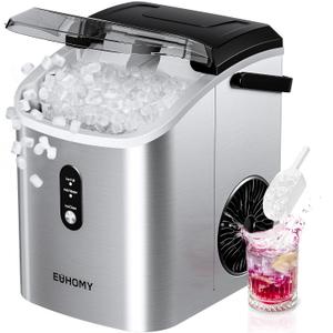 EUHOMY Nugget Ice Maker Countertop with Handle, Ready in 6 Mins, 34lbs Per Day, Removable Top Cover, Auto-Cleaning, Portable Sonic Ice Maker with Basket and Scoop, for Home/Party/RV/Camping (Silver)