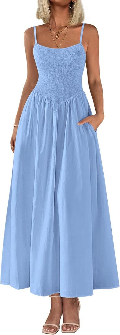 PRETTYGARDEN Women's Smocked Maxi Dresses 2025 Summer Beach Sundress Casual Spaghetti Strap Swing A Line Long Flowy Dress (Light Blue, Large)