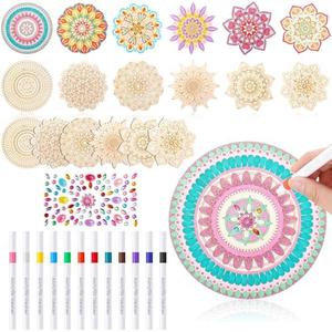 Fullhawl 31 Pcs Wooden Mandala Painting Set - 18 Unfinished Wood Cutouts, 12 Markers, 1 Gem Stickers for Adults DIY Crafts, Christmas, Back to School Gift,Wedding, Home Decors(Stylish Style)