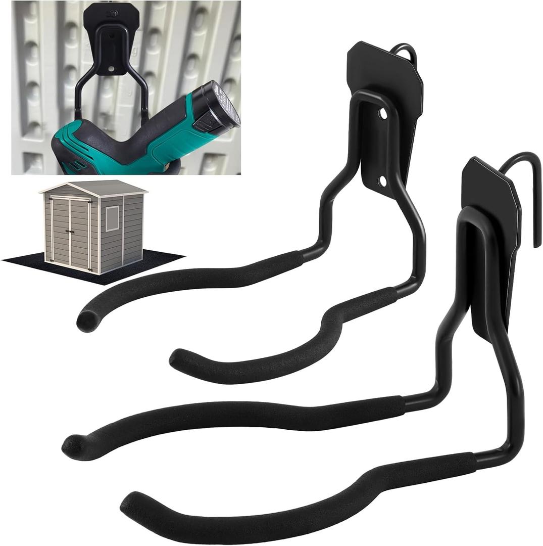 2 Pack Shed Accessories Multi Purpose Shed Hooks Metal Power Tool Holder for Large or Small Tools or Shovels, Black (Arched Shape)