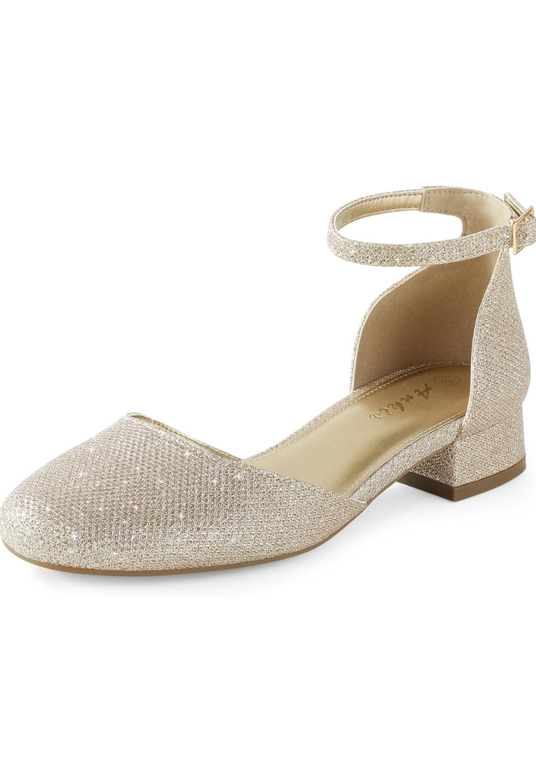 Ankis Closed Toe Heels for Women, Black Nude White Gold Silver 1 Inch Women's Flats Low Block Heel Women Dress Shoes Womens Pumps Work Shoes with Ankle Strap for Spring Fall, Gold Glitter