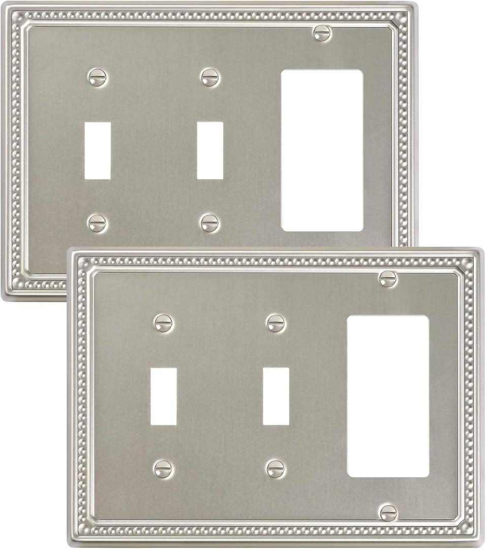 2-Pack Combo Decorator/Double Toggle Light Switch Cover Plate, Brushed Nickel Pearls Decorative Switch Plates and Outlet Covers, Metal Wall Plates for Electrical Outlets