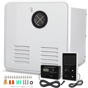 Briidea 55,000 BTU RV Tankless Water Heater with CO Alarm, Remote Control, and Pressure Relief Valve - 12V, 15x15" White Door