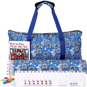 American Mahjong Set - 166 Premium Melamine Engraved Tiles, 4 All-in-One Clear Racks with Pushers, Blue Portable Travel Bag & Accessories, Mahjong Starter Kit for Beginners,Travel & Casual Gatherings