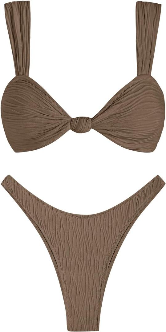 ZAFUL 2025 Cheeky Bikini Sets for Women High Cut Swimsuit Textured Ribbed Bikini Thong Bathing Suit (Small, Brown)
